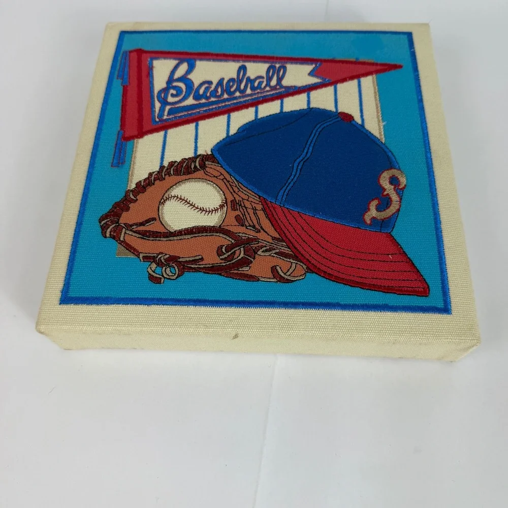 Vintage‎ Baseball Embroidered Canvas Wall Art Sports Decor Pennant Hat Glove